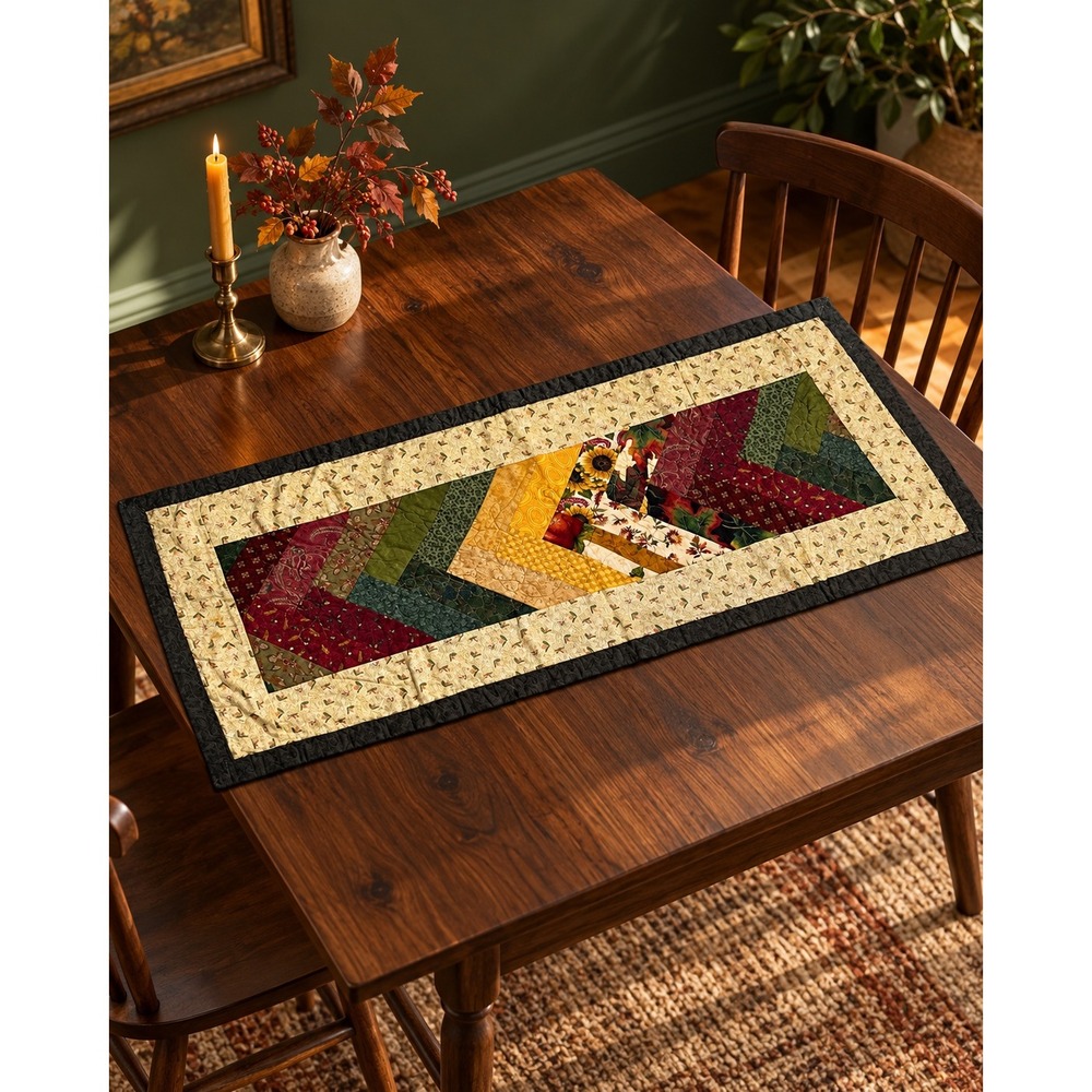 Handmade Quilted Table Runner Autumn Sunflower Patchwork Burgundy Green 15x40